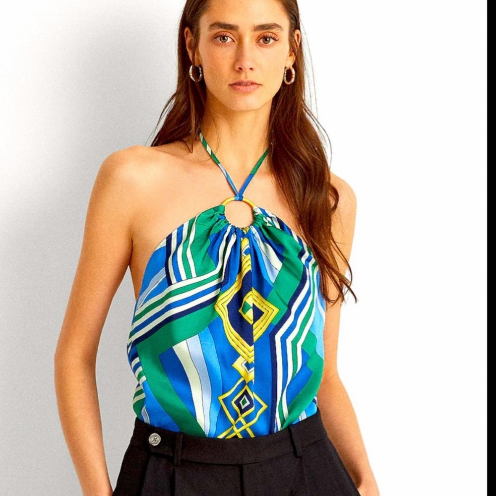 Ralph Lauren Halter Top blue geometric equestrian halter top gold ring sz 6/M